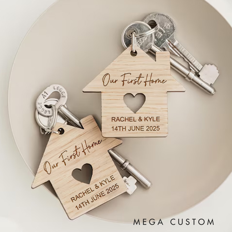 Personalized Our First Home Wooden Keychain Custom Housewarming Gift Engraved Names Date Heart Design Key Ring Unique New Home Keepsake Moving Gift
