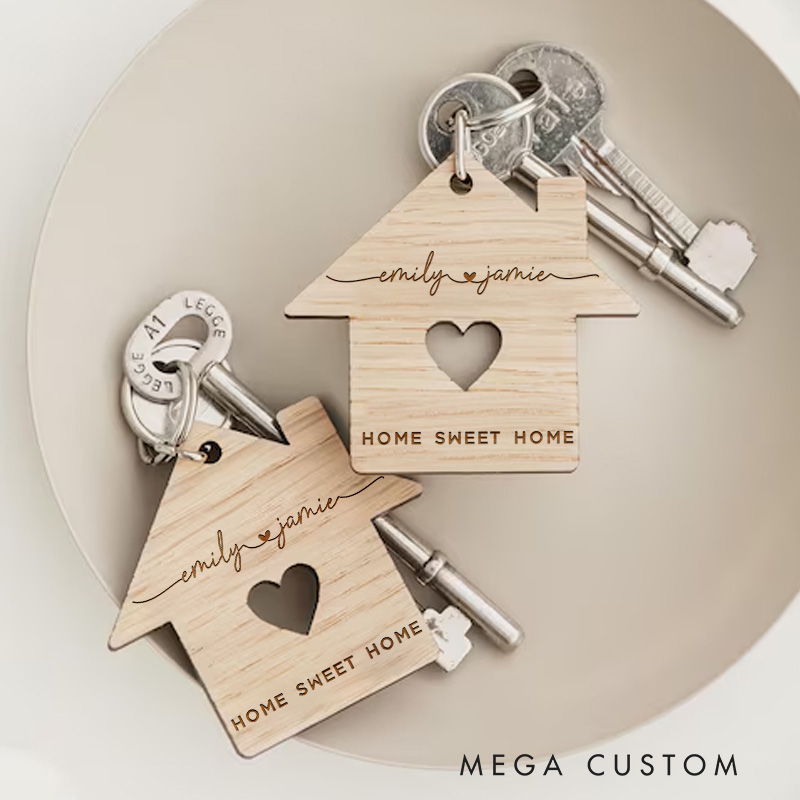 Personalized Home Sweet Home Wooden Keychain for Couples Custom Housewarming Gift Engraved Names Heart Design Key Ring New Home Keepsake Moving Gift