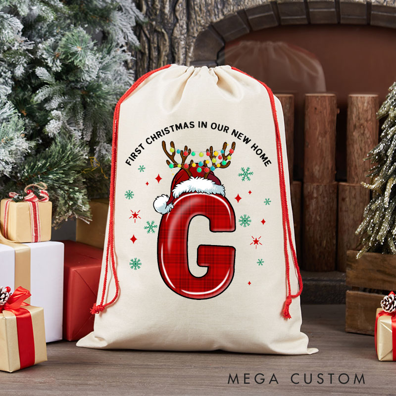 Personalized First Christmas in Our New Home Gift Bag Custom Christmas Sack with Initials Reindeer Design Holiday Decoration New Home Keepsake