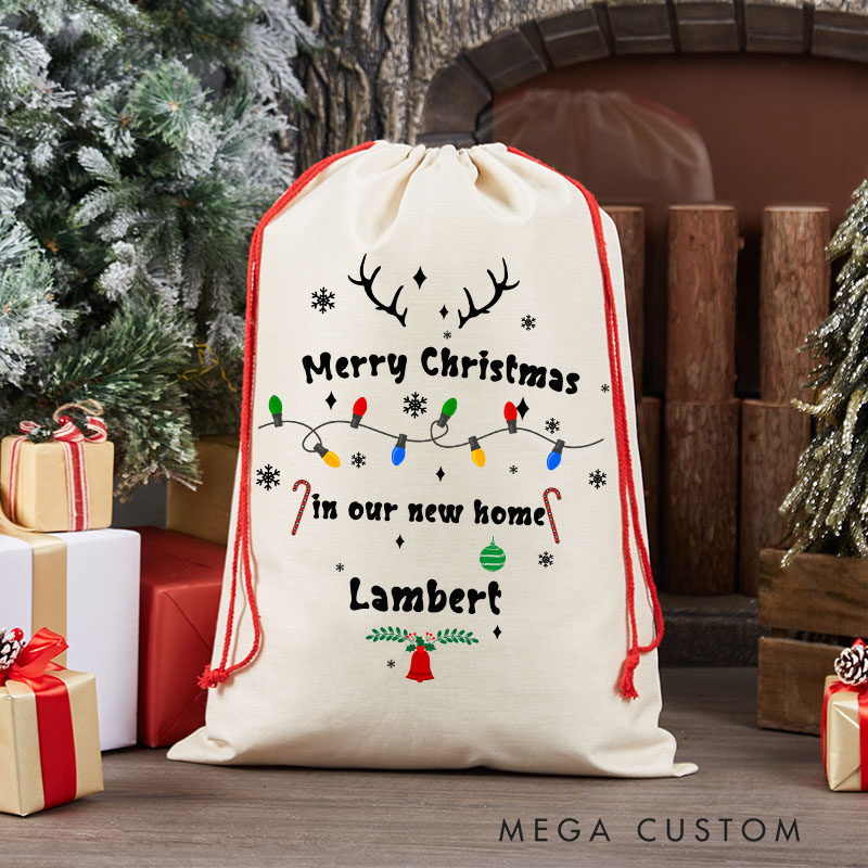 Personalized Merry Christmas in Our New Home Gift Bag Custom Christmas Sack with Name String Lights Design Holiday Decoration New Home Keepsake Gift