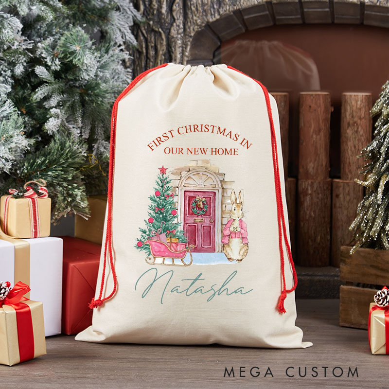 Personalized First Christmas in Our New Home Kids Gift Bag Custom Christmas Sack with Name Bunny and Tree Design Holiday Decoration New Home Keepsake