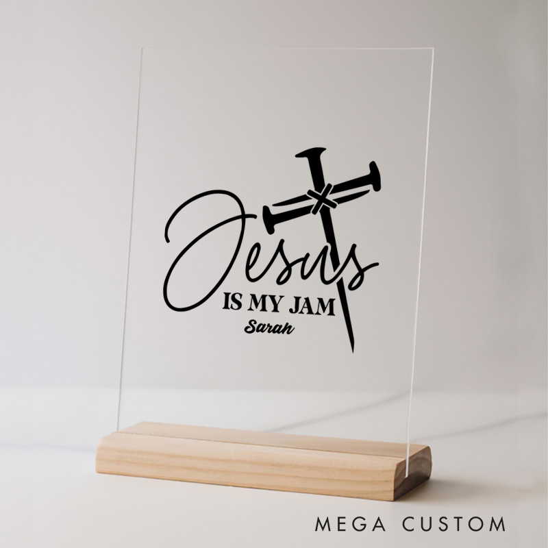 Personalized Jesus Is My Jam Acrylic Sign with Name and Wooden Base Home Decor Birthday Gift for Christians