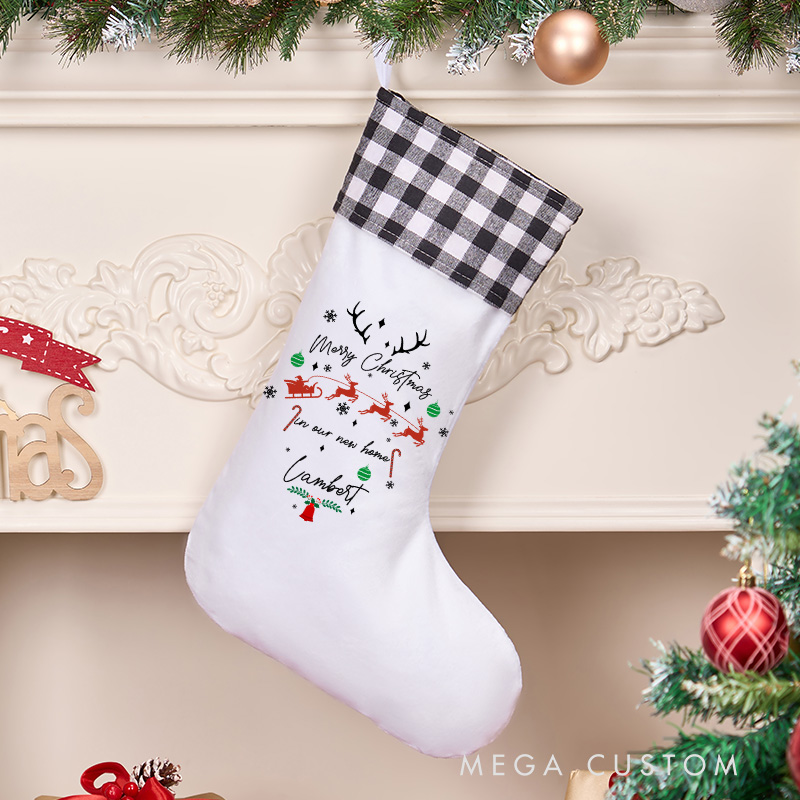 Personalized Merry Christmas Stocking Custom Holiday Stocking with Name Reindeer and Sleigh Design Festive Decoration Christmas Keepsake Gift