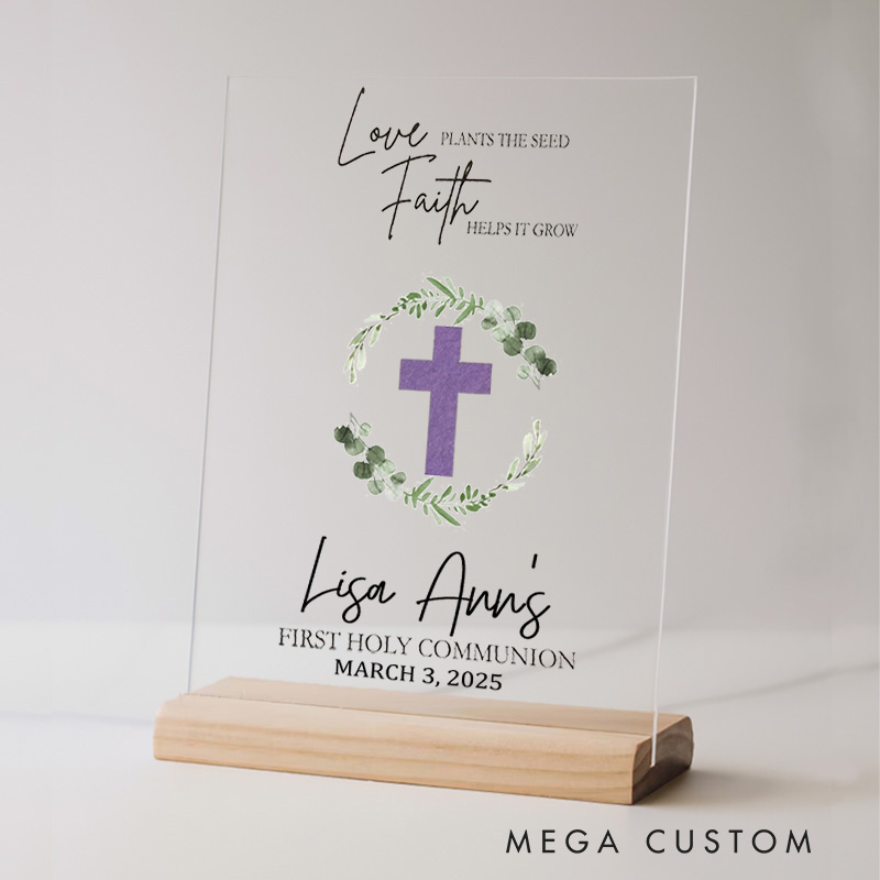 Personalized First Holy Communion Acrylic Sign with Wooden Holder with Name and Date First Communion Gift for Boys and Girls