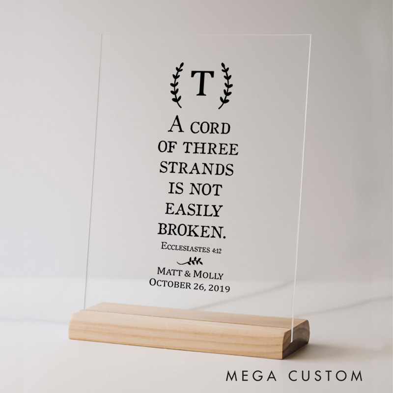 Personalized A Cord Of Three Strands Is Not Easily Broken Acrylic Sign with Name and Date Wedding Gift for Christians