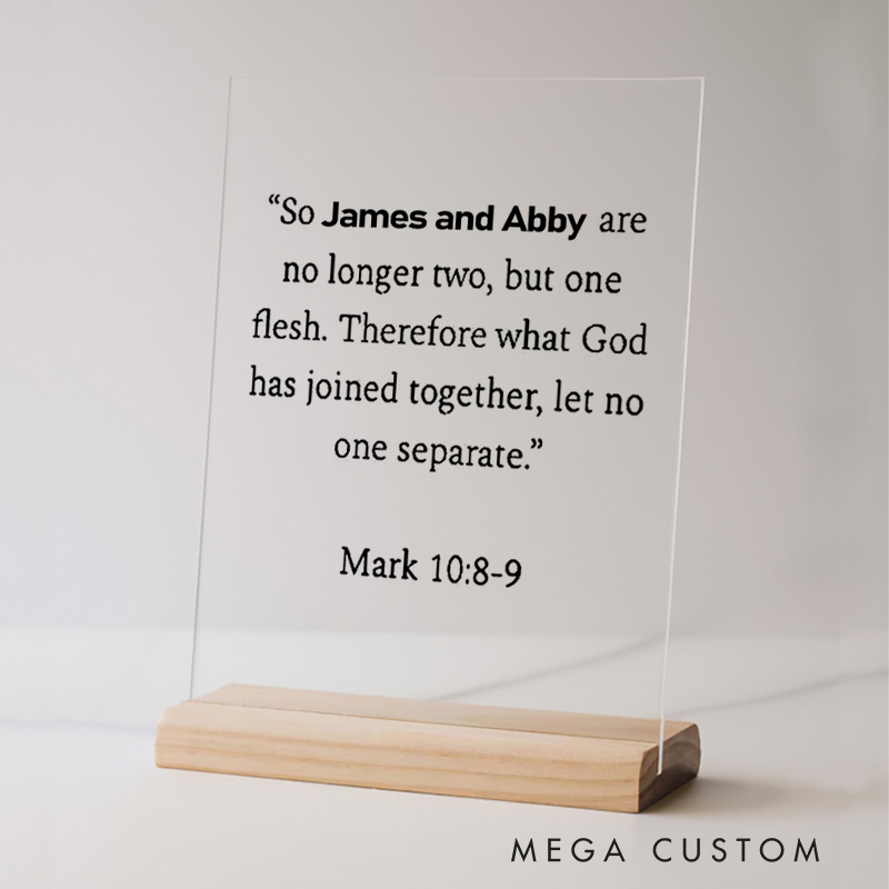 Personalized Mark 10:8-9 Bible Verse Acrylic Sign Wedding Ornament with Name Home Decor Christian Wedding Gift 