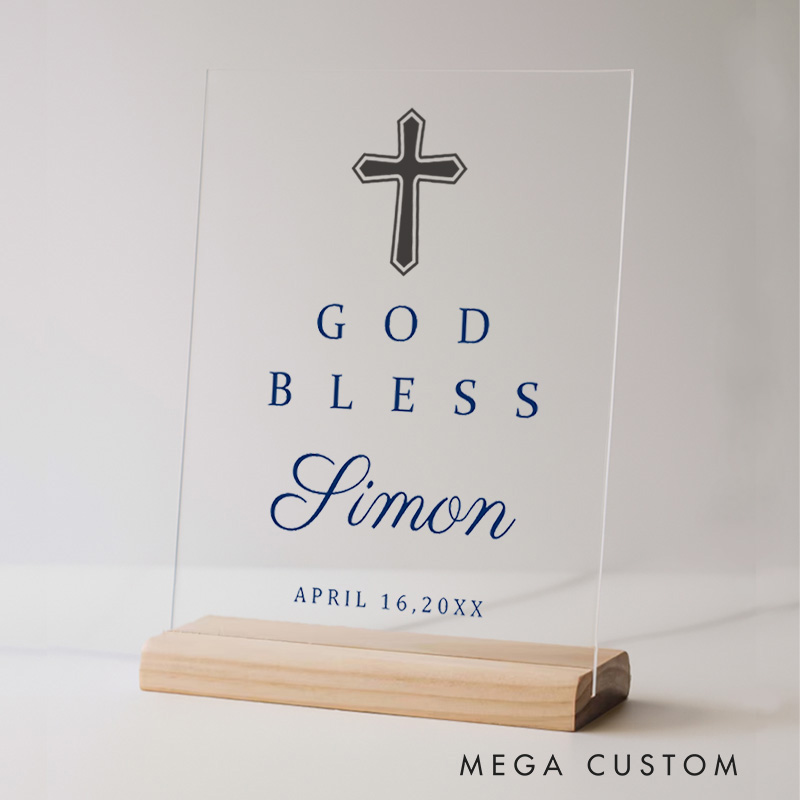 Personalized God Bless Cross Acrylic Plaque with Name and Date Religious Gift for Christians