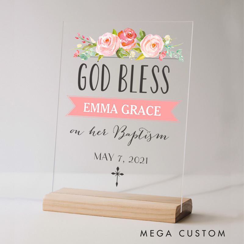 Personalized God Bless Acrylic Sign with Name and Date Religious Gift Baptism Gift for Girls