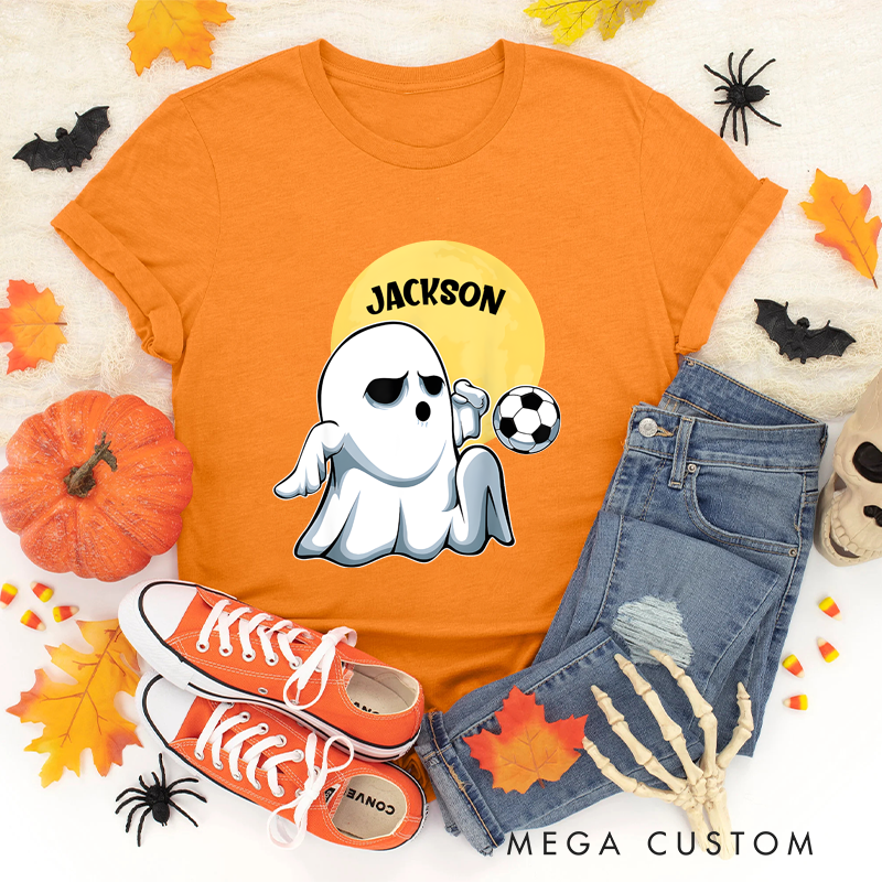 Personalized Halloween Soccer T-Shirt with Cute Ghost and Custom Name Design