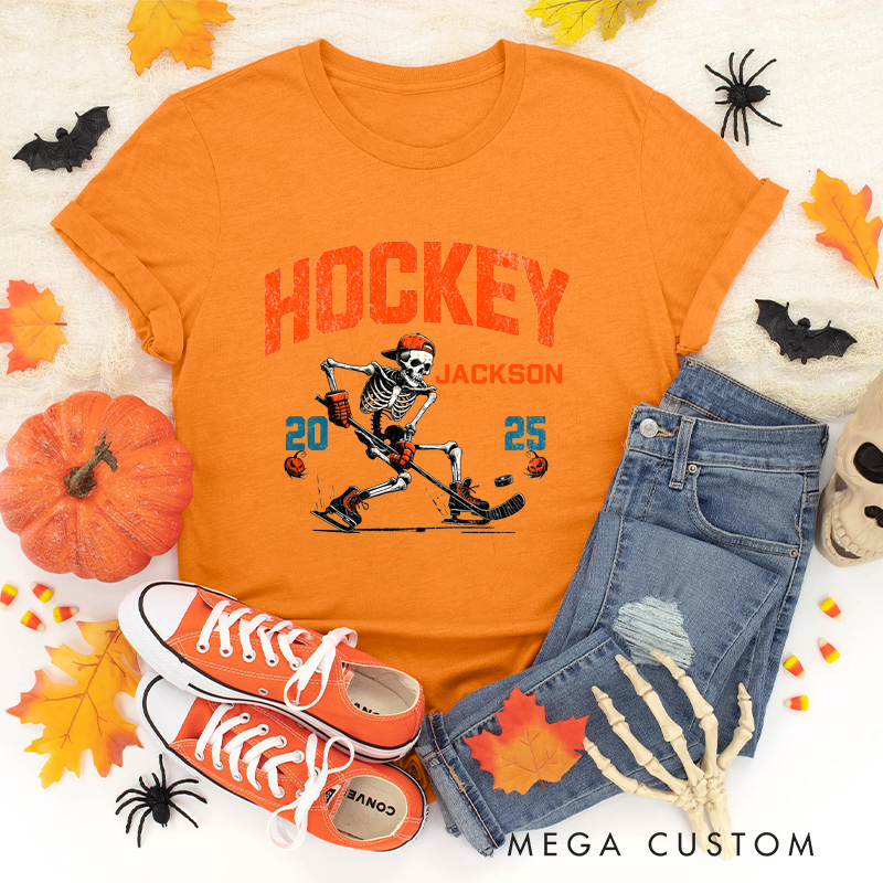 Personalized Halloween Hockey T-Shirt with Skeleton, Custom Name, and Year Design