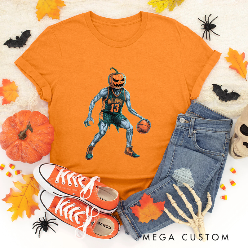 Personalized Halloween Basketball T-Shirt with Pumpkin-Head Player and Customizable Number Design