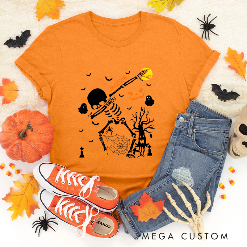 Personalized Halloween Softball T-Shirt with Skeleton, Bat, Custom Name, and Number Design