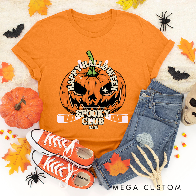 Personalized Halloween Hockey T-Shirt with Pumpkin Face and Custom Club Name Design