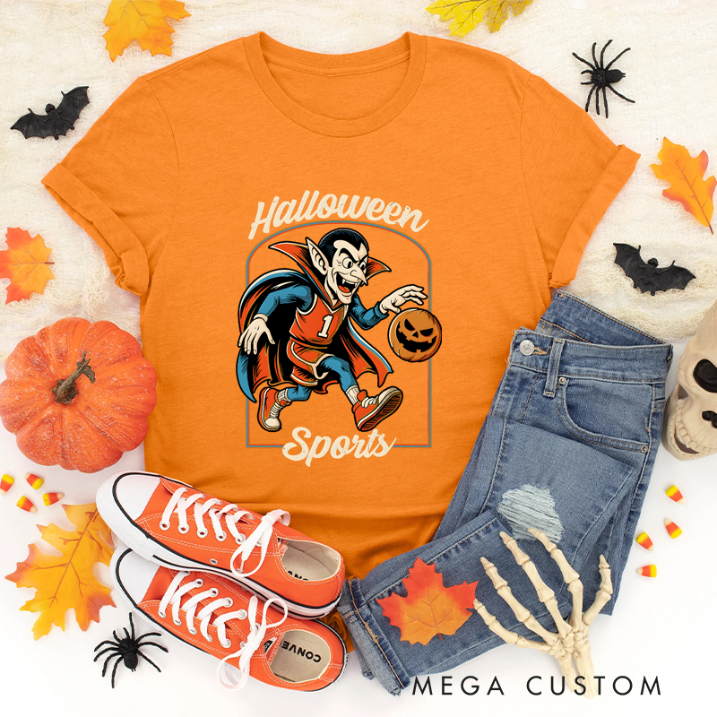Personalized Halloween Basketball T-Shirt with Vampire, Pumpkin Ball, and Custom Number Design
