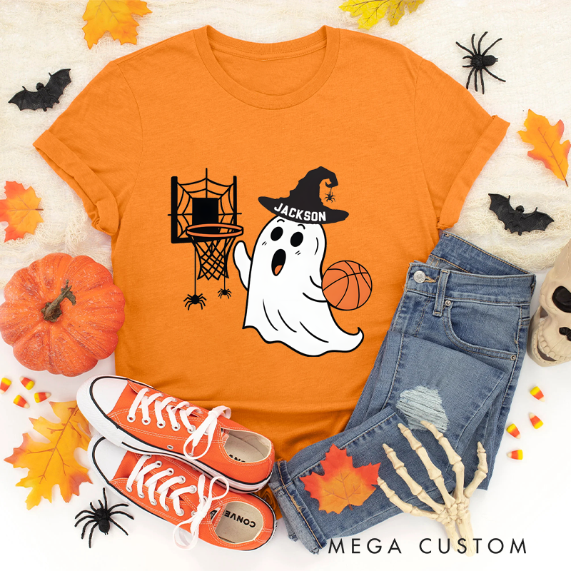 Personalized Halloween Basketball T-Shirt with Ghost, Hoop, and Custom Name Design