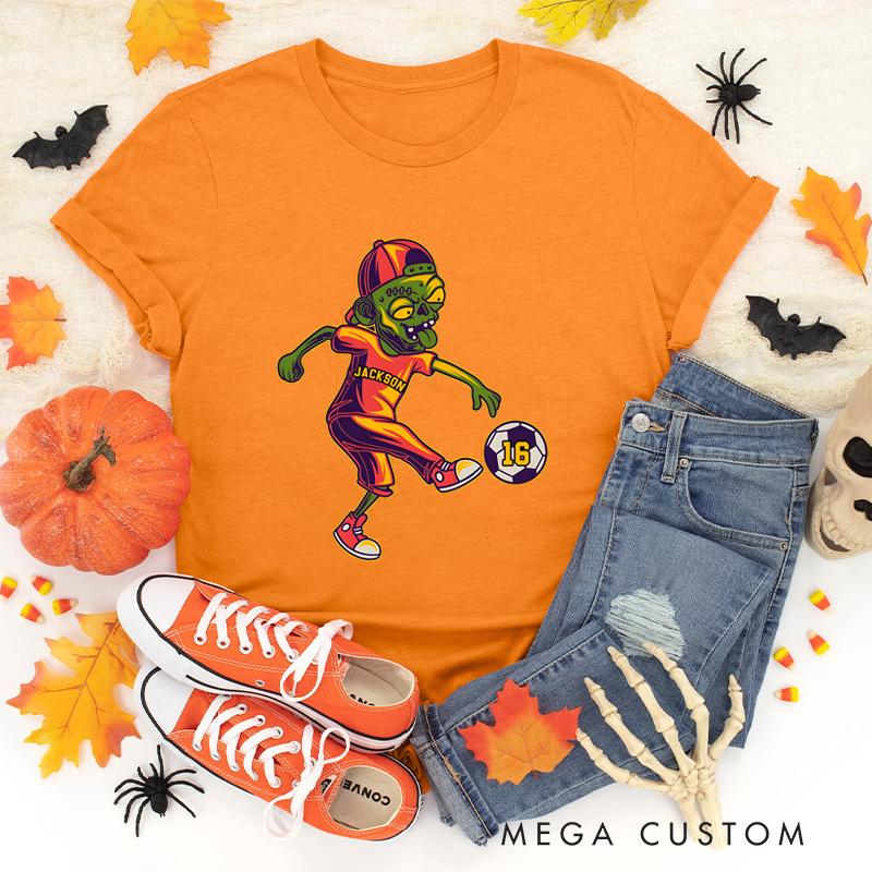 Personalized Halloween Soccer T-Shirt with Zombie Player, Custom Name, and Number Design