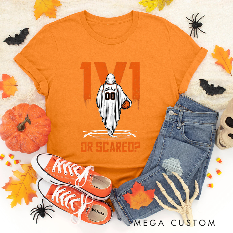 Personalized Halloween Basketball T-Shirt with Ghost Player, Custom Name, and Number Design