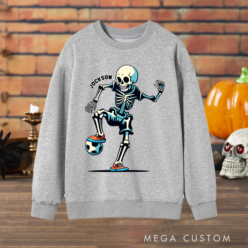 Personalized Halloween Soccer Sweatshirt with Skeleton Player and Custom Name Design