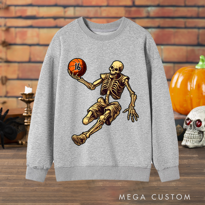 Personalized Halloween Basketball Sweatshirt with Skeleton Player and Custom Number Design