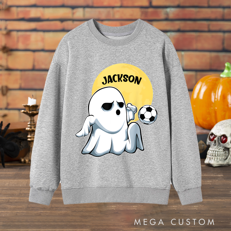 Personalized Halloween Soccer Sweatshirt with Ghost Player and Custom Name Design