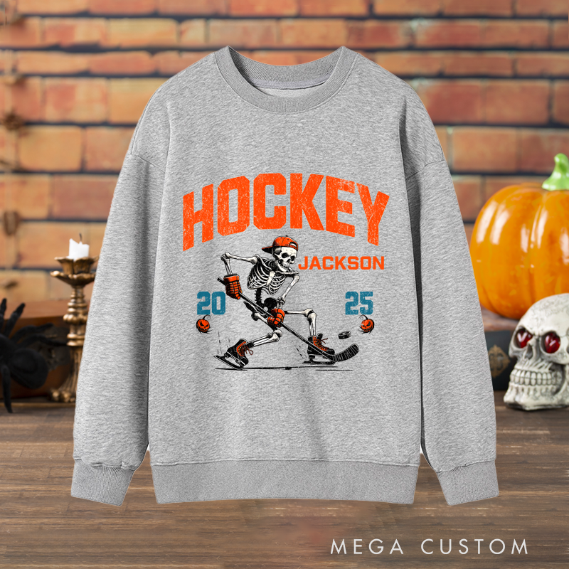 Personalized Halloween Hockey Sweatshirt with Skeleton Player, Custom Name, and Year Design