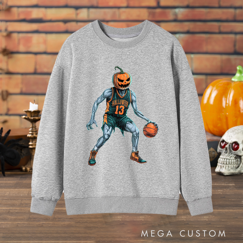 Personalized Halloween Basketball Sweatshirt with Pumpkin Head Player and Custom Number Design