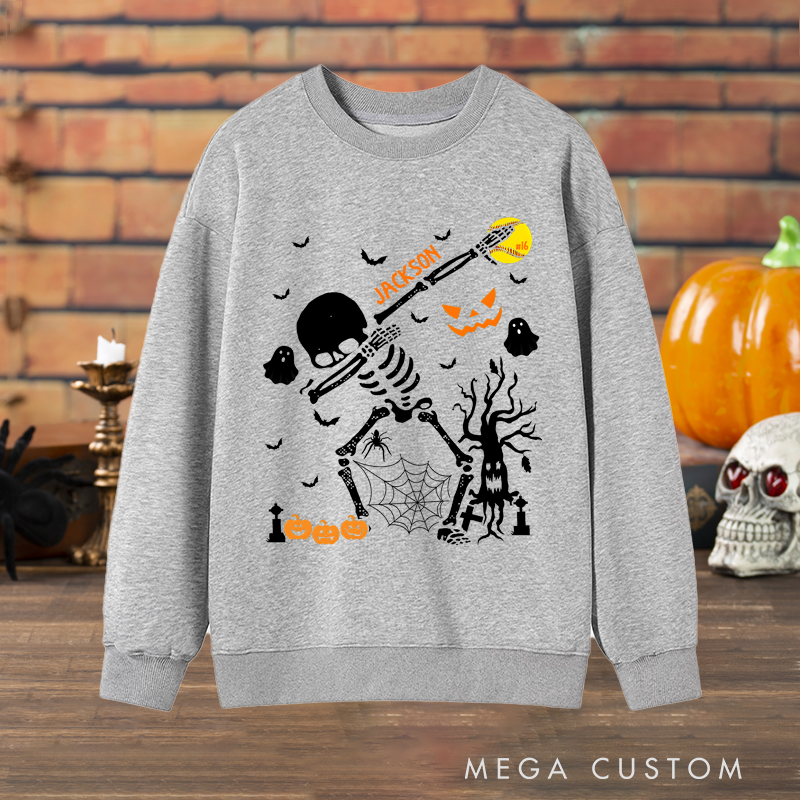 Personalized Halloween Lacrosse Sweatshirt with Skeleton Player, Custom Name, and Number Design