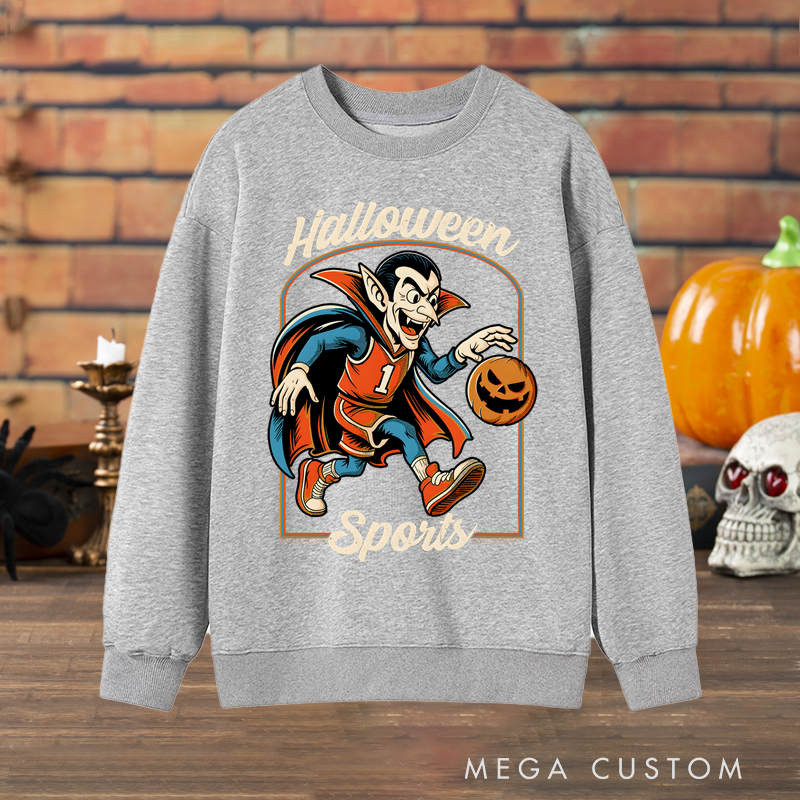 Personalized Halloween Sports Basketball Sweatshirt with Vampire Player, Pumpkin Ball, and Custom Number Design