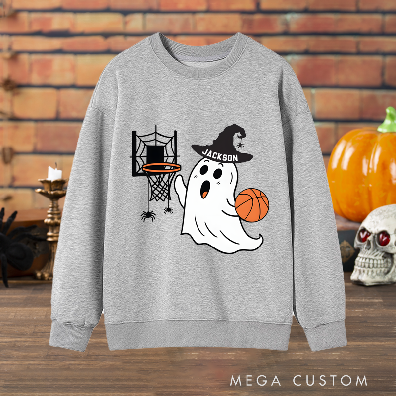 Personalized Halloween Ghost Basketball Sweatshirt with Custom Name and Spooky Hoop Design