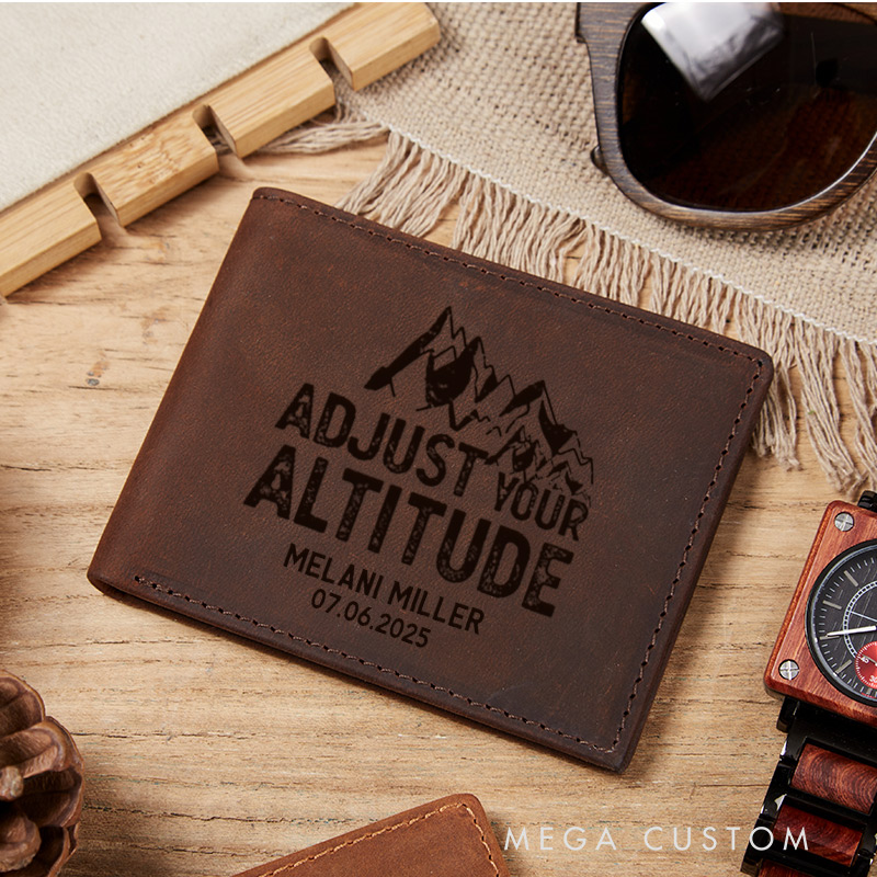 Personalized Engraved Leather Wallet for Traveling Lover Adjust Your Altitude Wallet for Travelers