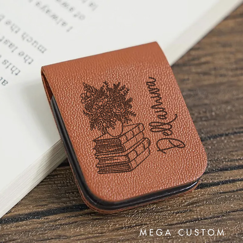 Personalized Book and Vase Flower Magnetic Bookmark Leather Bookmark Clip with Name Librarian Bookmark Book Lover Gift for Reader 