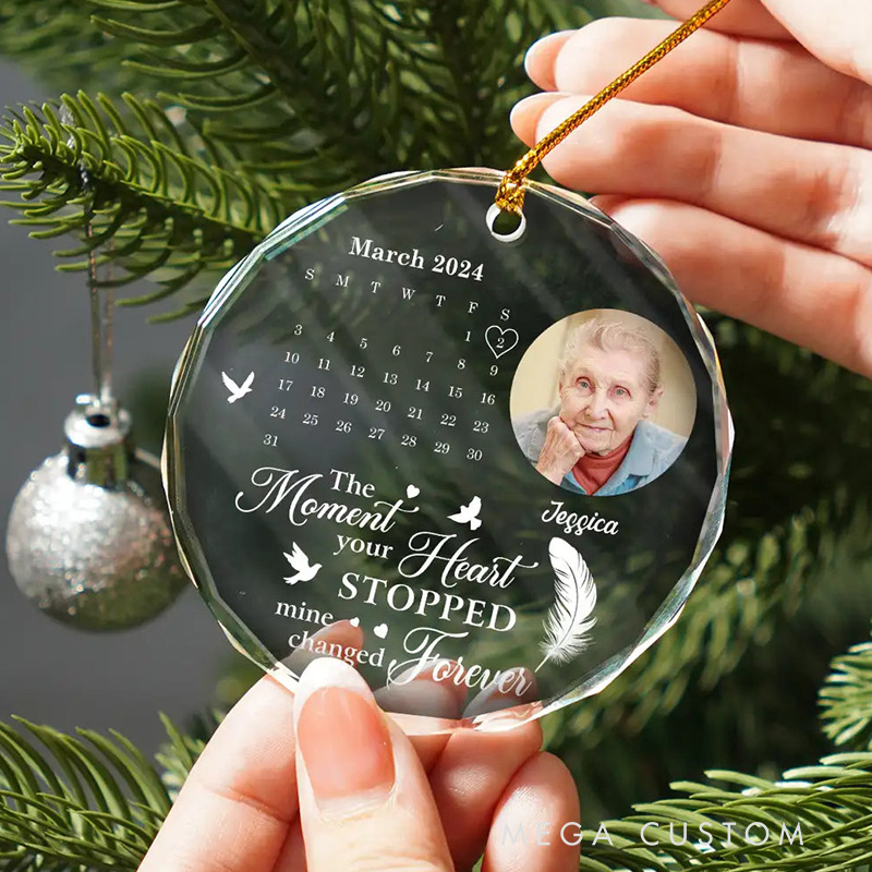 Personalized Memorial Photo Ornament The Moment Your Heart Stopped Memorial Calendar Ornament Circle Glass Ornament  Sympathy Gift