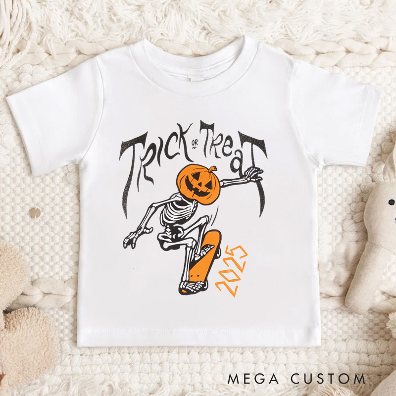 Personalized Trick or Treat Skeleton Pumpkin Halloween Kids T-Shirt