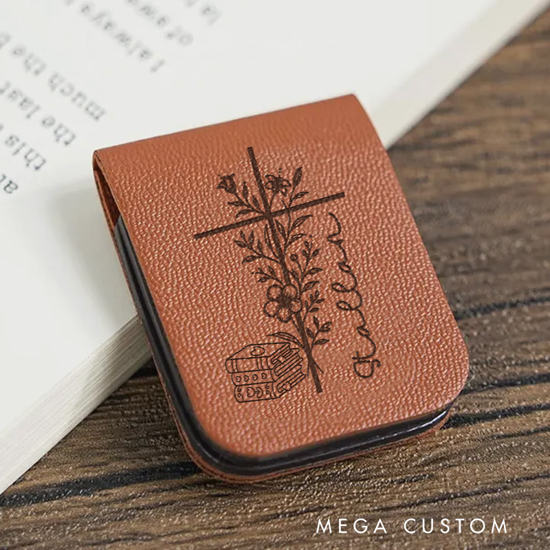 Personalized Book and Flower Cross Magnetic Bookmark Engraved Leather Bookmark Clip with Name Book Lover Gift for Librarian Gift