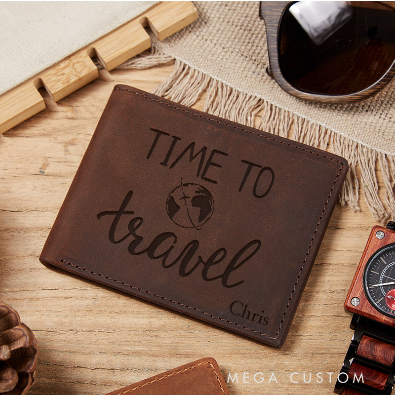 Personalized Time to Travel Engraved Leather Wallet for Traveling Gift for Travelers