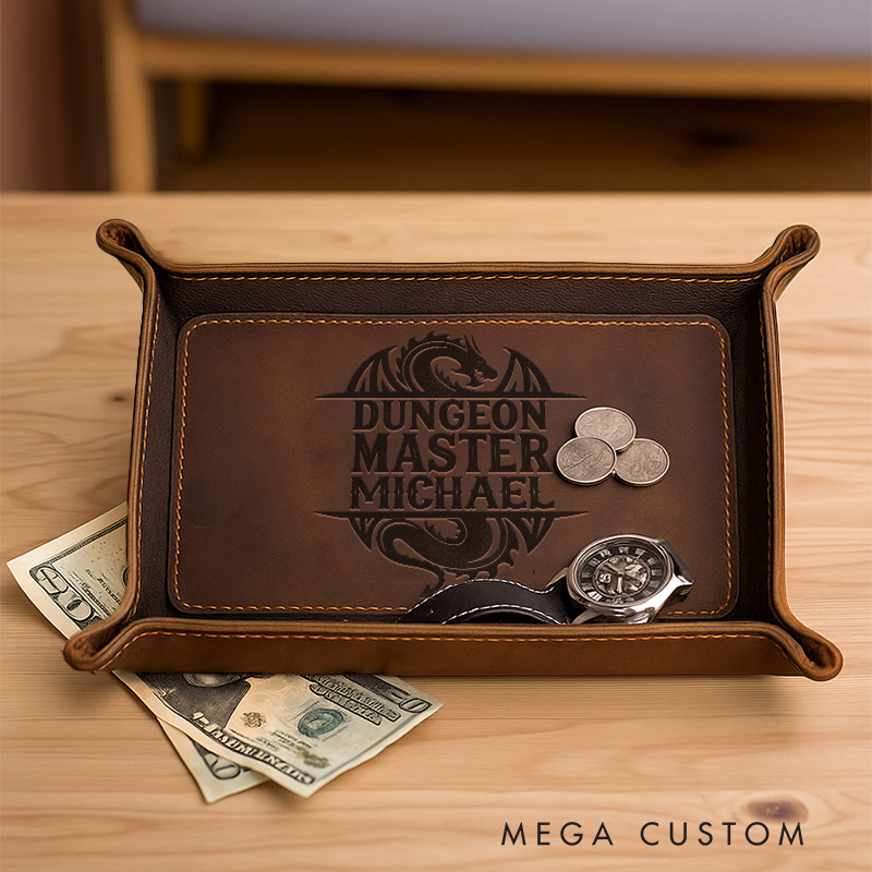 Personalized Dungeon Master Leather Tray DND Gamer Catchall Geek DM Leather Valet Tray Dice Tray for Him