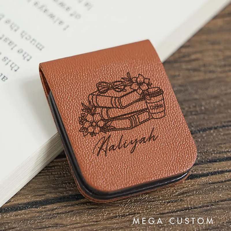 Personalized Flower Book and Coffee Magnetic Bookmark Engraved Leather Bookmark Clip with Name Bookmark for Book Lover Gift for Reading Lover Gift
