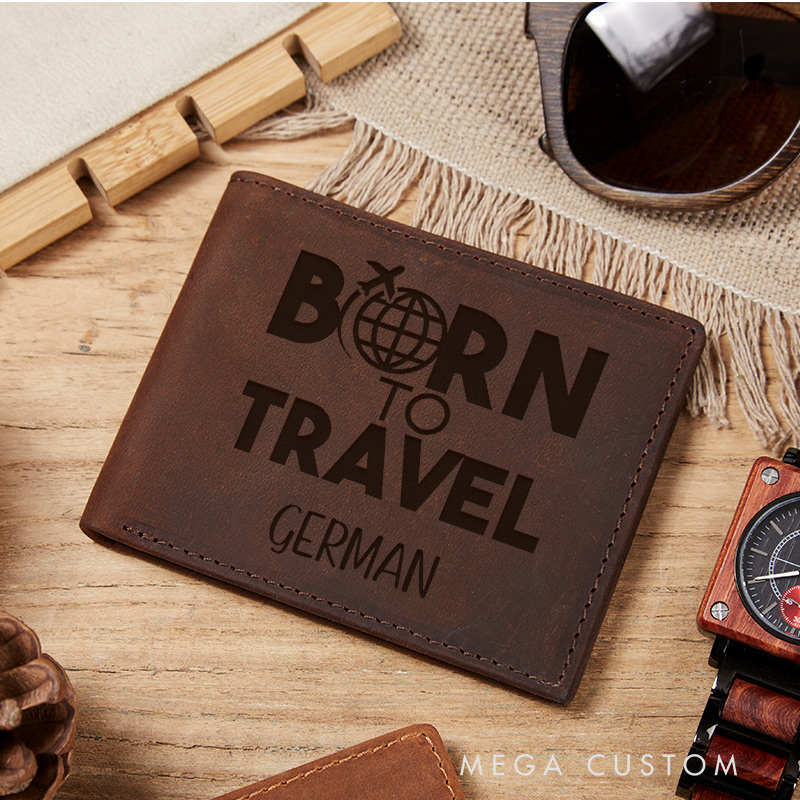 Personalized Born to Travel Engraved Leather Wallet for Traveling Gift for Travelers