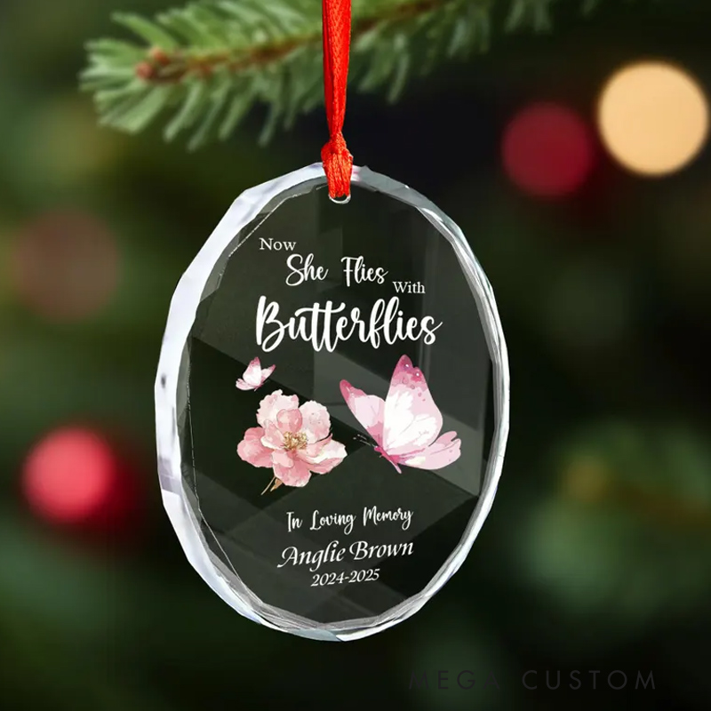 Personalized Memorial Ornament Now She Flies With Butterflies Memorial Glass Ornament Sympathy Gift for Loss of Grandma Bereavement Gift