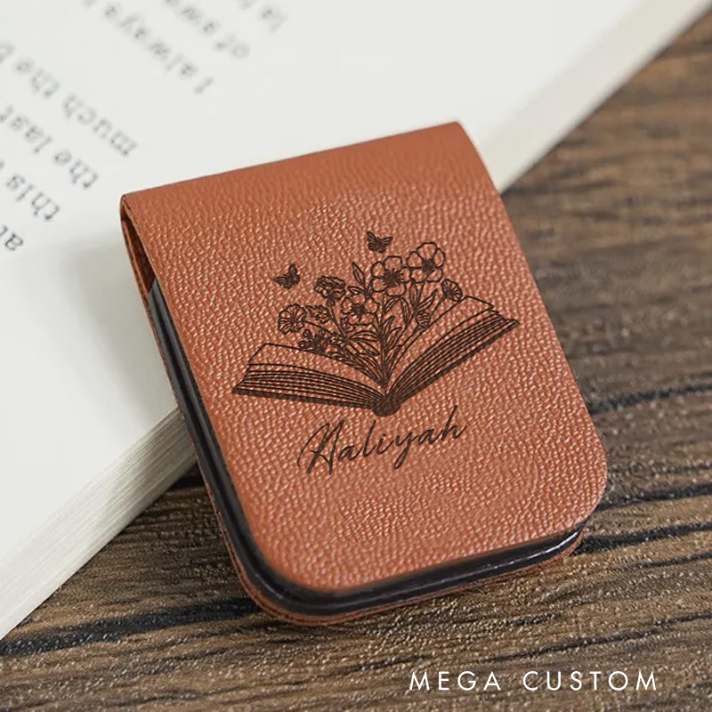 Personalized Opened Book and Flower Magnetic Bookmark Engraved Leather Name Bookmark Clip for Women Bookmark Book Lover Gift for Bookish Gift