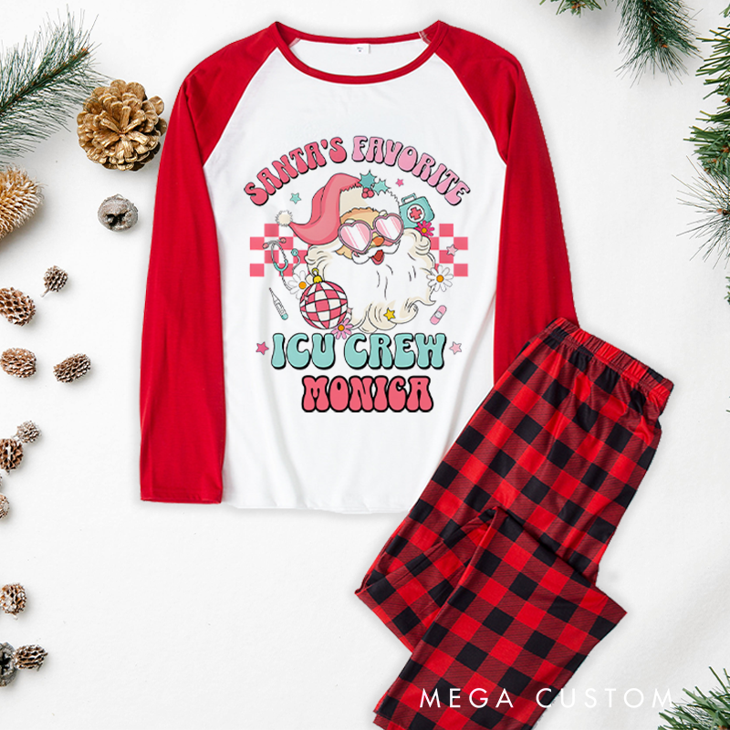 Personalized Nurse Christmas Pajama Sets Custom Santa's Favorite ICU Crew Design Pajamas Xmas Gift