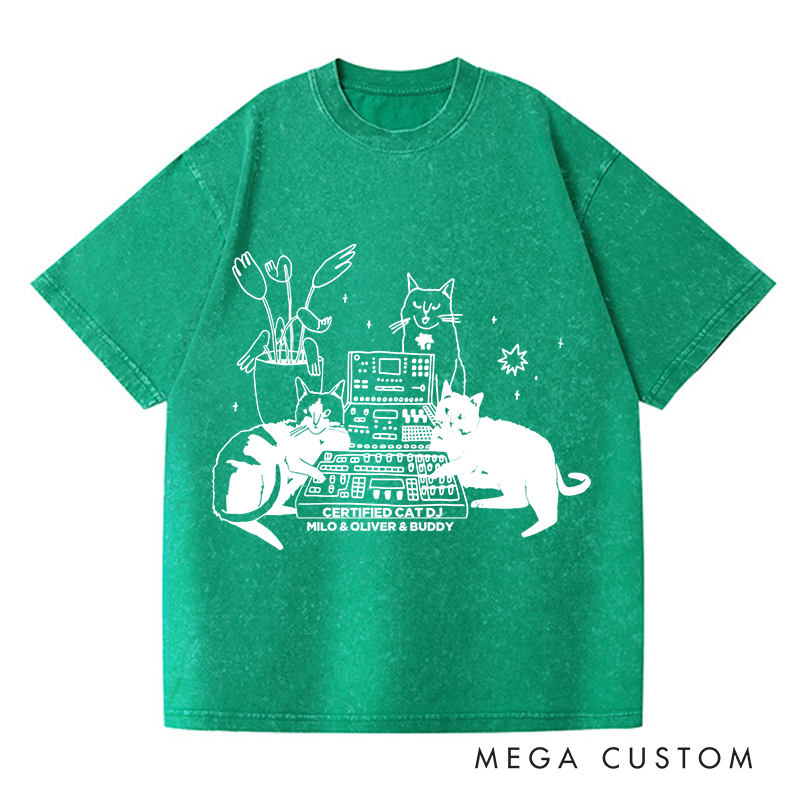Personalized  Washed T-Shirts with Cat Sitting on Synthesizer and DJ Cat Illustration and Available in Multiple Colors