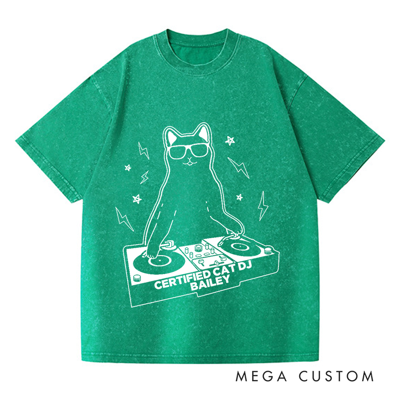 Personalized  Washed T-Shirts Funny Cat DJ Turntable T-Shirt