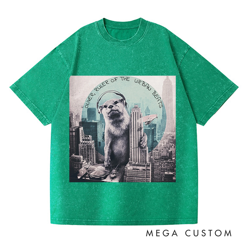 Personalized  Washed T-Shirts Funny Otter DJ Skyline Design and Unique Otter DJ Music Lover T-Shirt
