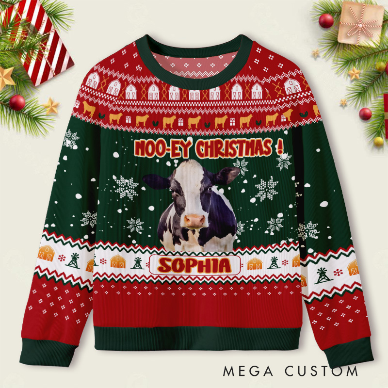 Personalized Cow with Christmas Lights Photo Kids Ugly Christmas Sweater  