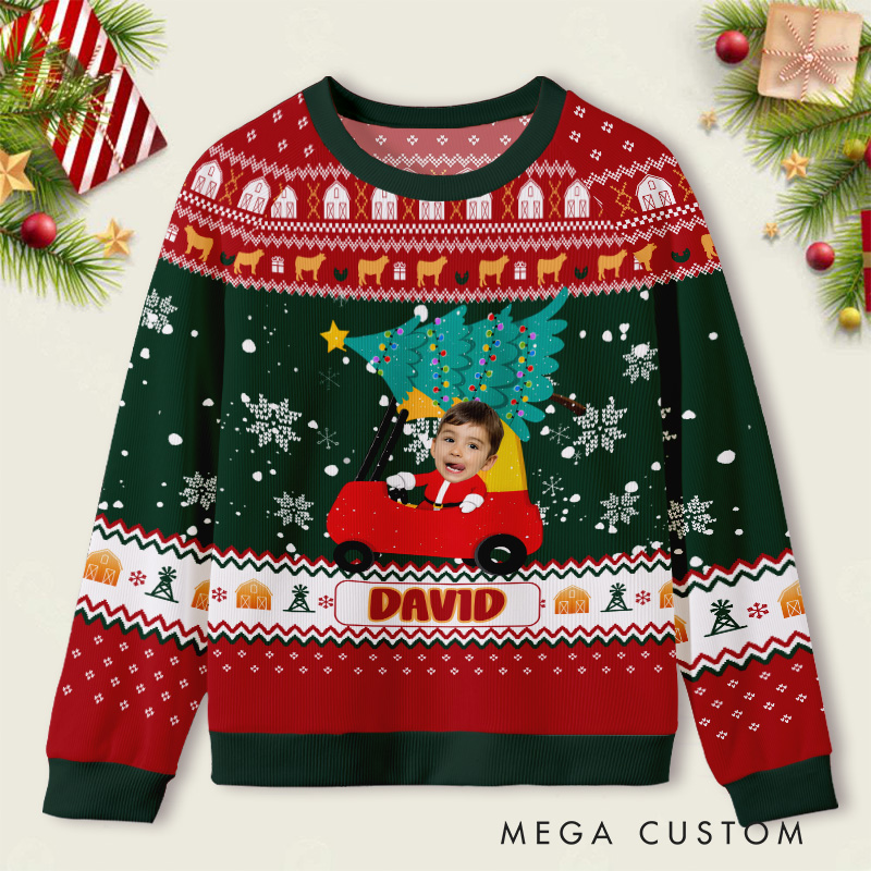 Personalized Red Car with Christmas Tree Photo Kids Ugly Christmas Sweater  