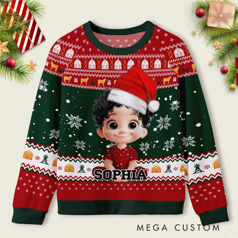 Personalized Festive Snowflake Photo Frame Kids Ugly Christmas Sweater 