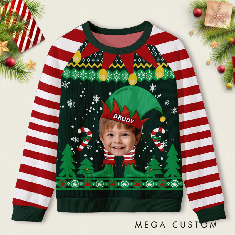 Personalized Elf Costume with Striped Sleeves Photo Kids Ugly Christmas Sweater 