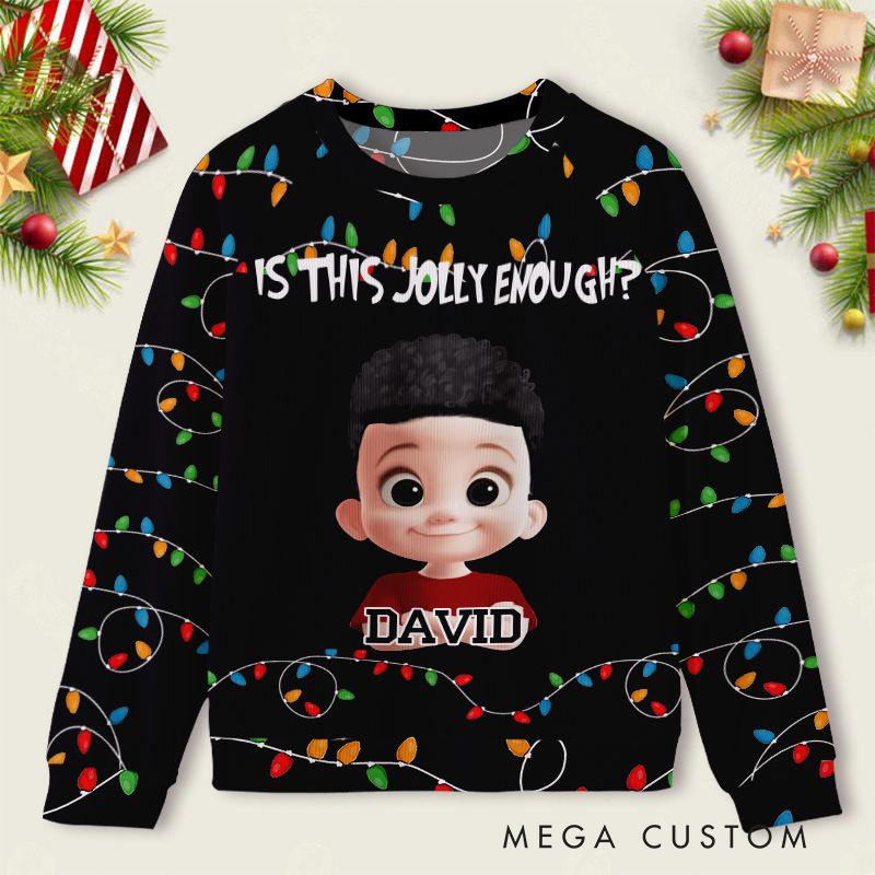 Personalized Is This Jolly Enough Lights and Photo Kids Ugly Christmas Sweater