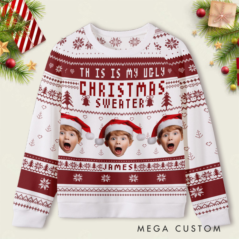 ersonalized Festive Red and White Photo Frame Kids Ugly Christmas Sweater